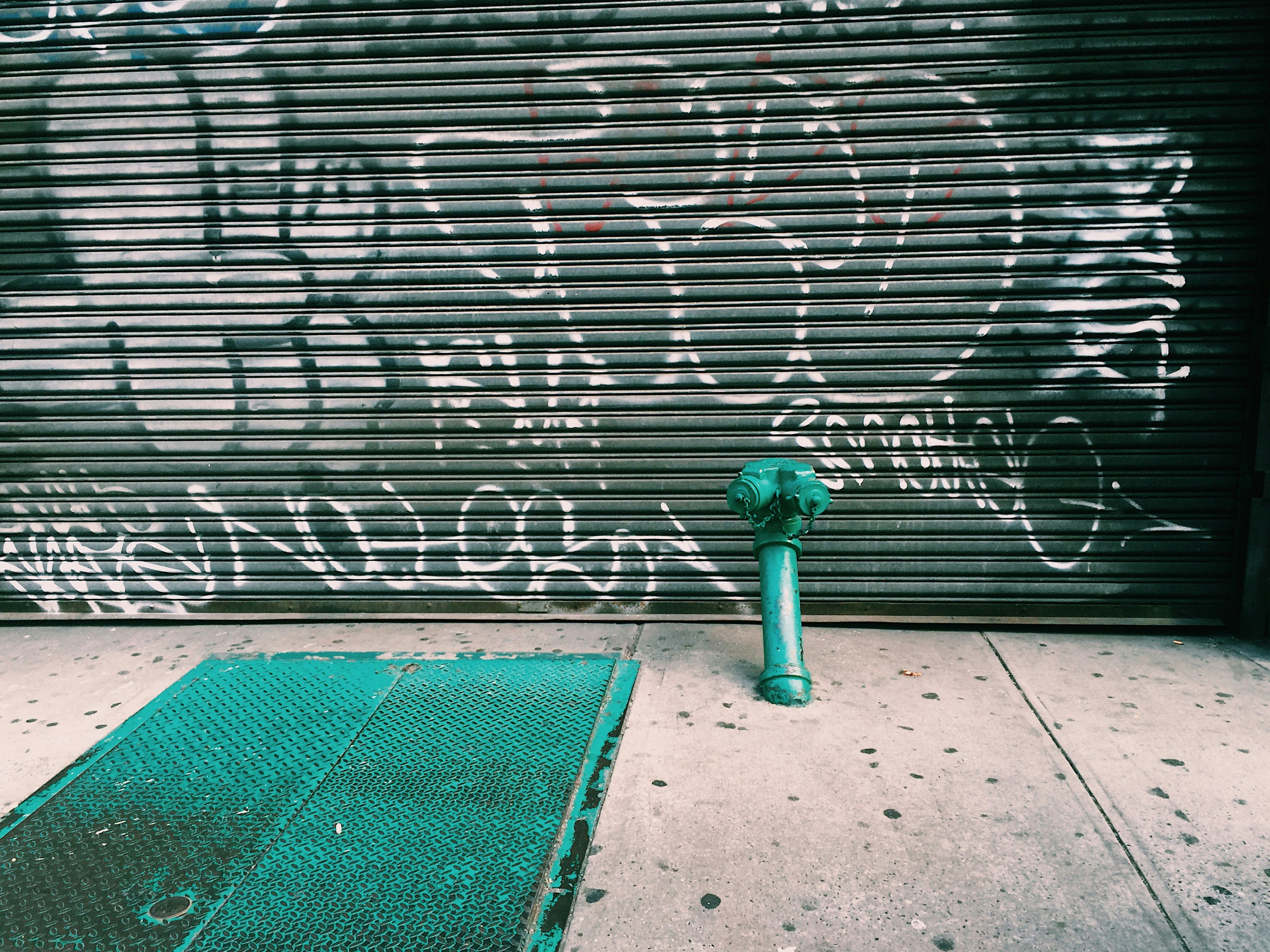 green fire hydrant near garage door